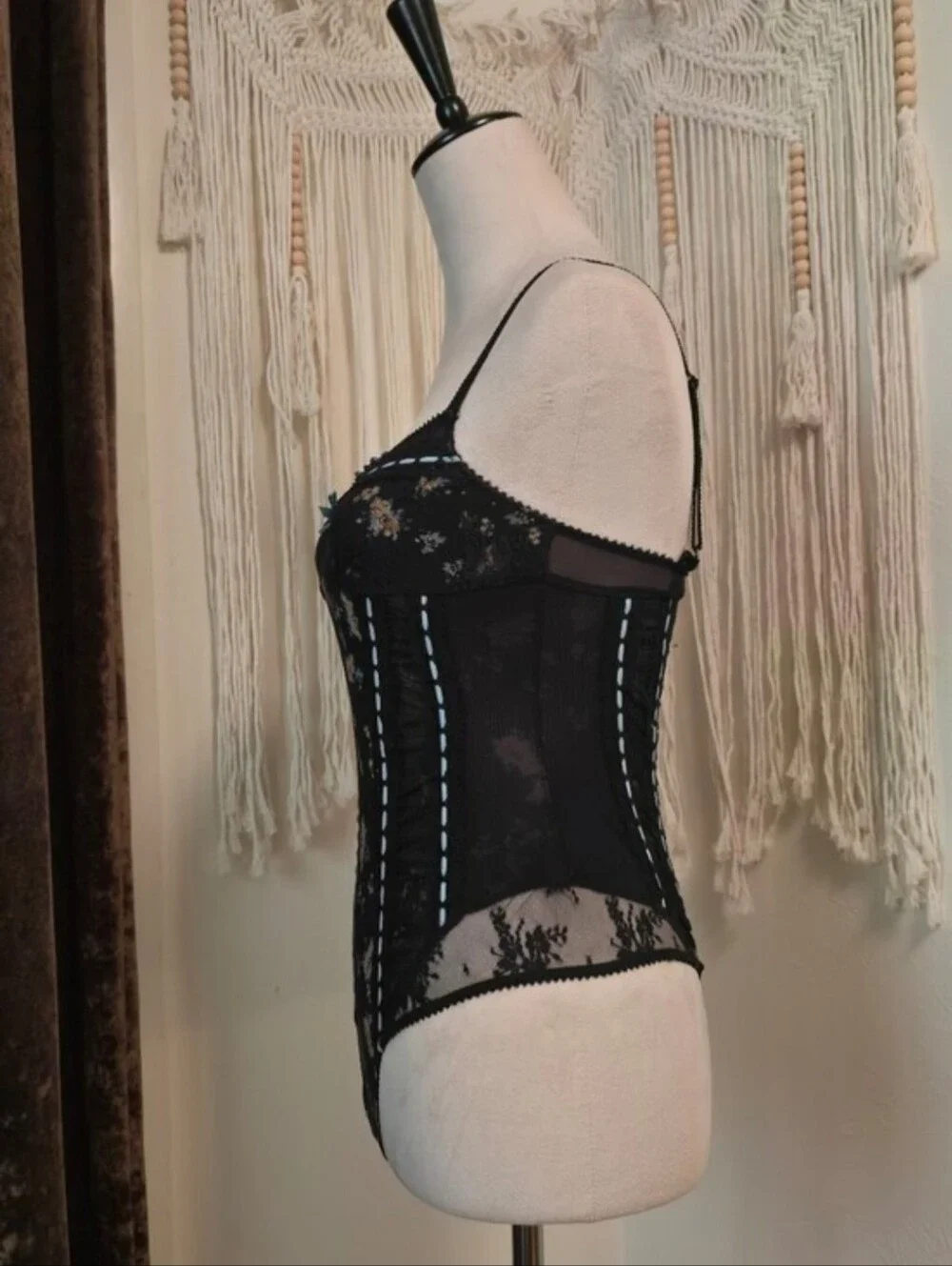 Free People Black Floral Lace Bodysuit with Blue Trim